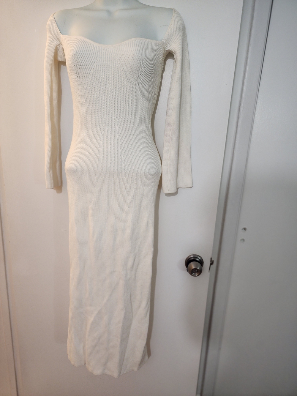Off-Shoulder Ribbed Maxi Dress in Cream